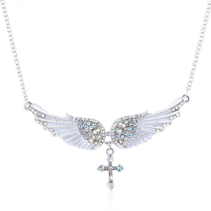 Wholesale Exaggerated Angel Wing Diamond Cross Necklace